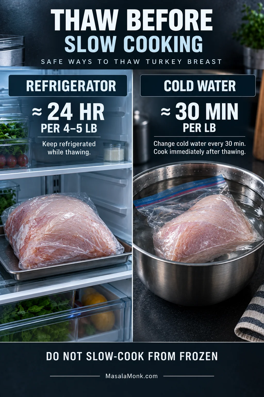 Turkey breast thawing safely in a refrigerator and in a sealed bag submerged in cold water.