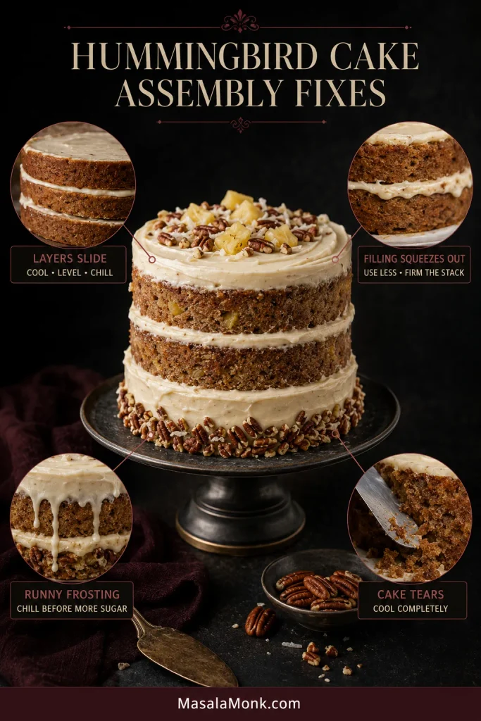 Hummingbird Cake troubleshooting graphic with a central layer cake and close-ups showing sliding layers, squeezed filling, runny frosting and cake tearing.
