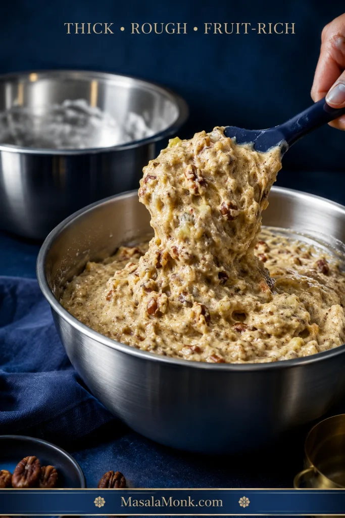 Thick Hummingbird Cake batter lifted on a spatula from a metal bowl, with visible fruit and pecan pieces and a second bowl in the background.