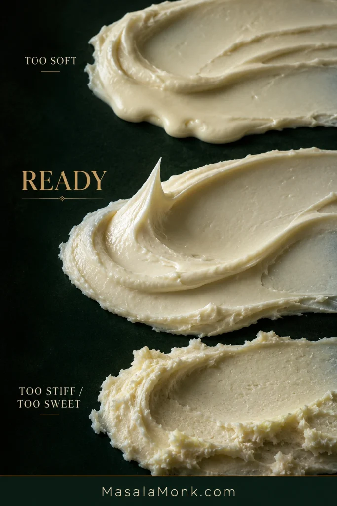 Three swipes of cream cheese frosting labeled Too Soft, Ready, and Too Stiff or Too Sweet, showing their different consistencies.
