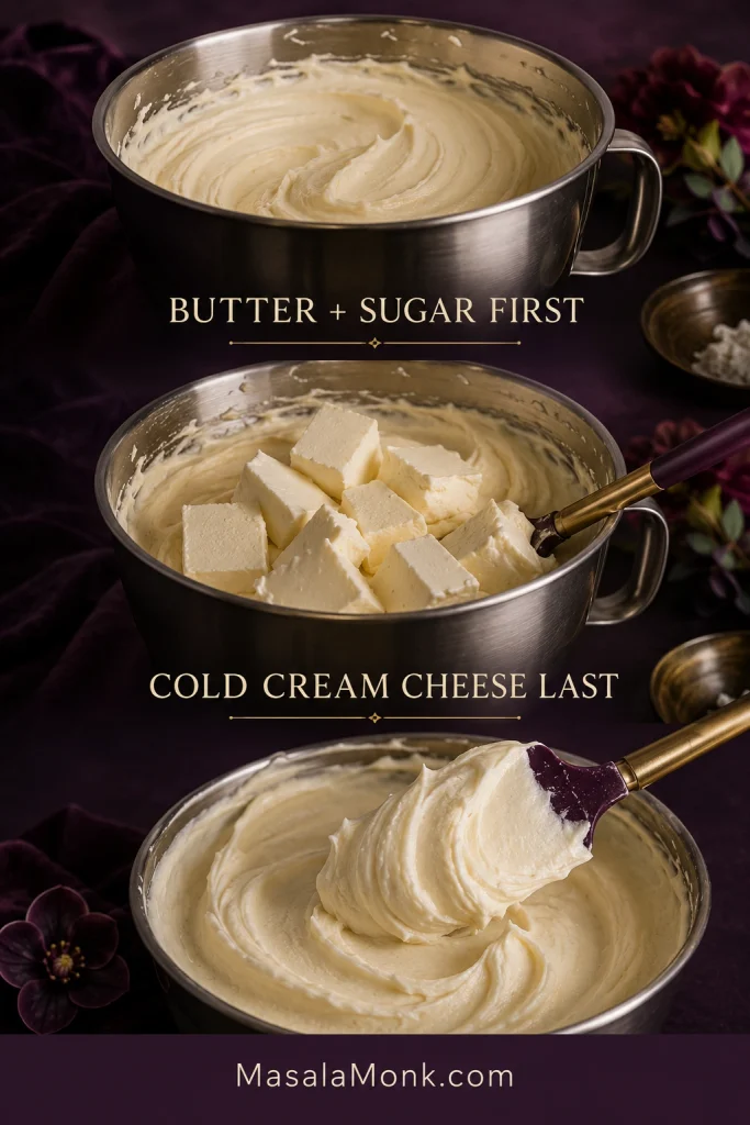 Three-stage cream cheese frosting guide showing butter and powdered sugar first, cold cream cheese pieces added afterward, and finished thick frosting.