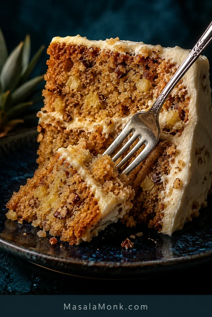 Close-up of a fork cutting into Hummingbird Cake, showing golden crumb, pineapple pieces, pecans and cream cheese frosting between the layers.