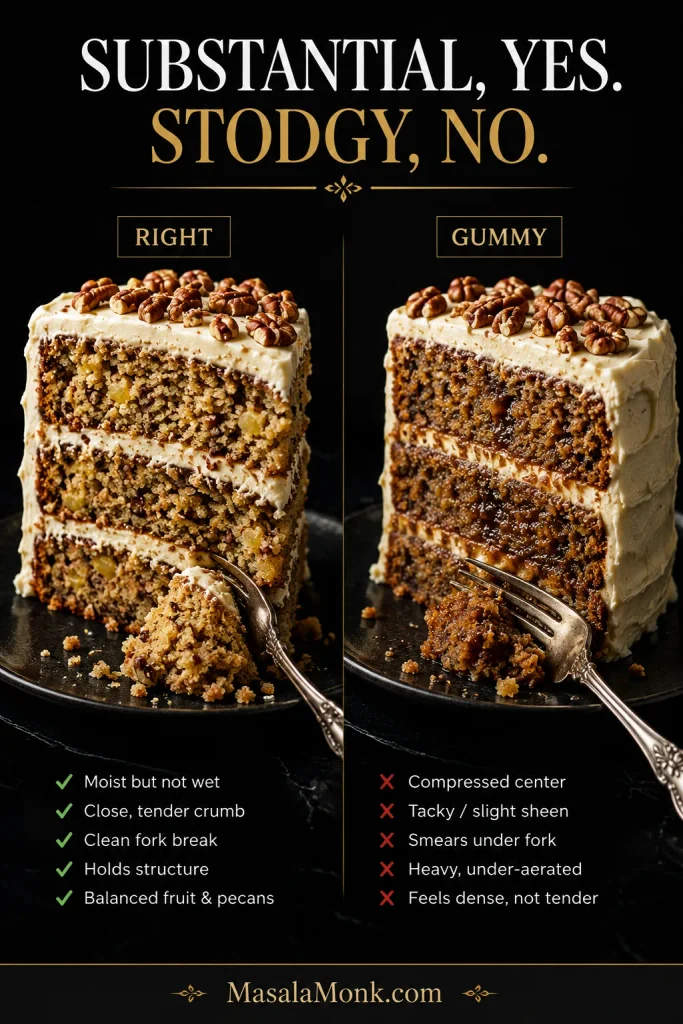 Side-by-side Hummingbird Cake slices comparing a moist structured crumb with a darker, compressed gummy crumb that smears under a fork.