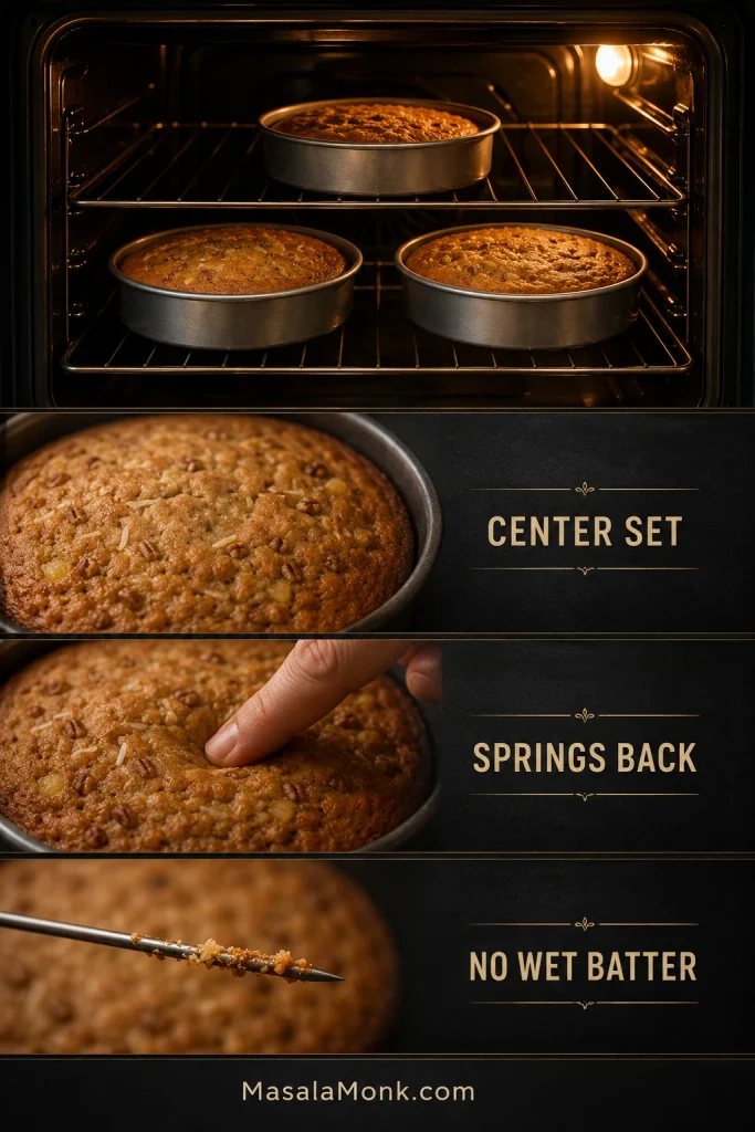 Cake doneness guide showing pans in an oven, a set cake center, a fingertip springback test and a skewer checking the crumb.