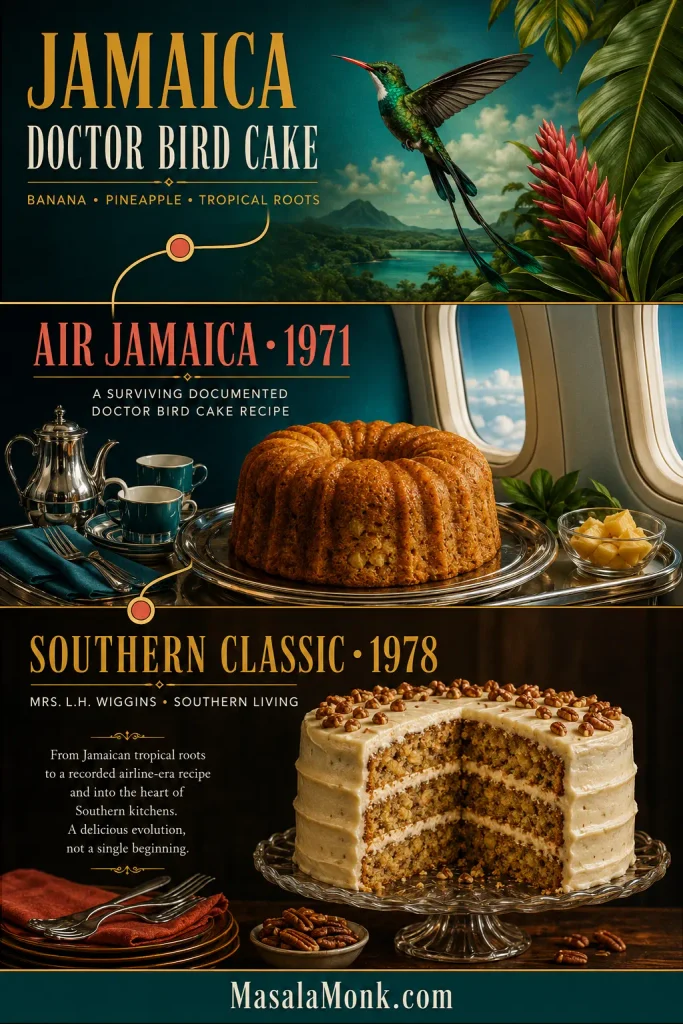 Food-history poster showing Jamaica's Doctor Bird hummingbird, a 1971 Air Jamaica ring-style Doctor Bird Cake and a 1978 Southern three-layer Hummingbird Cake.