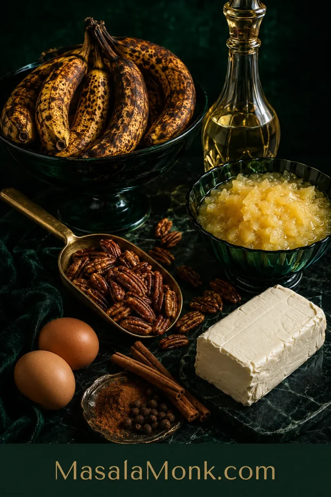 Dark green still life with very ripe bananas, crushed pineapple and juice, toasted pecans, eggs, oil, spices and a block of cream cheese.