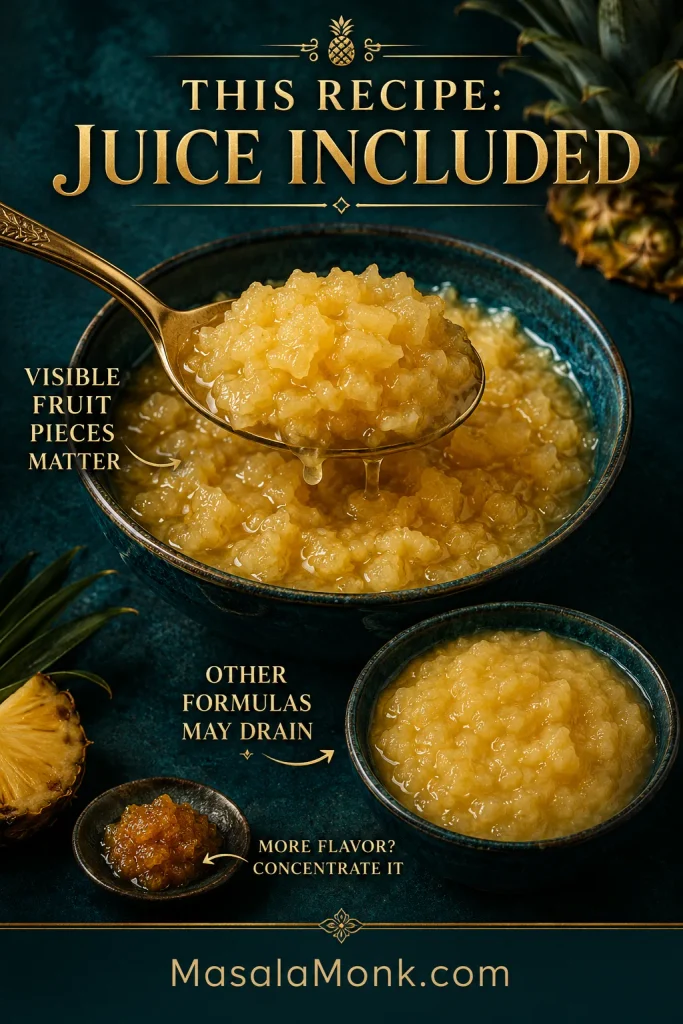 Pineapple guide showing crushed pineapple with juice, visible fruit pieces, smoother pineapple pulp and concentrated pineapple filling.