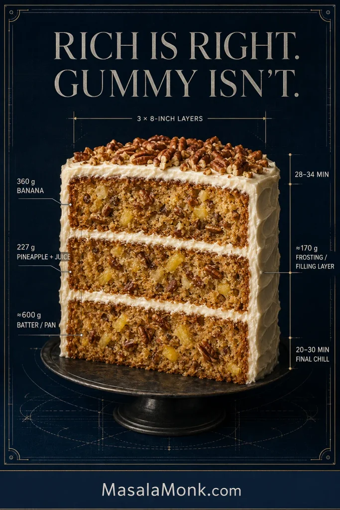 Hummingbird Cake blueprint centered on a three-layer cutaway with measurements for banana, pineapple, batter per pan, bake time, frosting and final chilling.