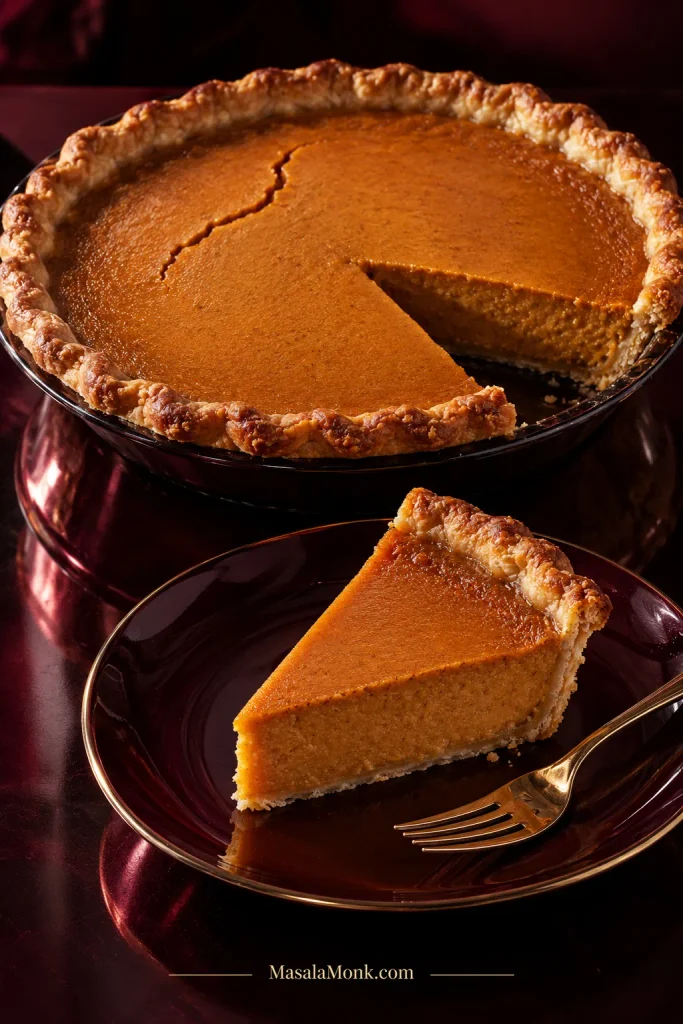 Whole pumpkin pie with a visible cosmetic crack and one slice removed, beside an intact slice with smooth orange custard and golden crust.