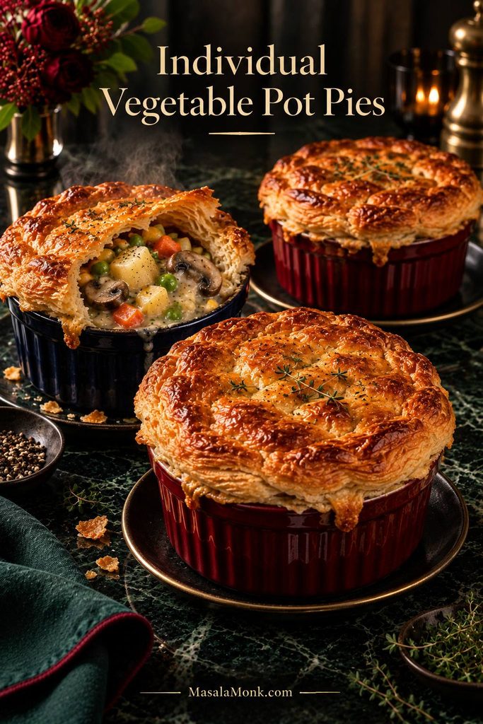 Three individual vegetable pot pies in ramekins with golden puff-pastry tops, including one opened to show creamy vegetable filling.