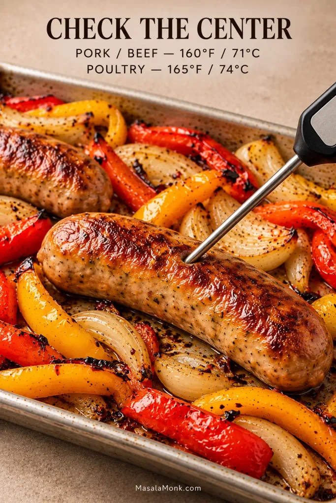 Instant-read thermometer probe inserted into the thickest central part of a browned Italian sausage link with roasted peppers and onions on the sheet pan.