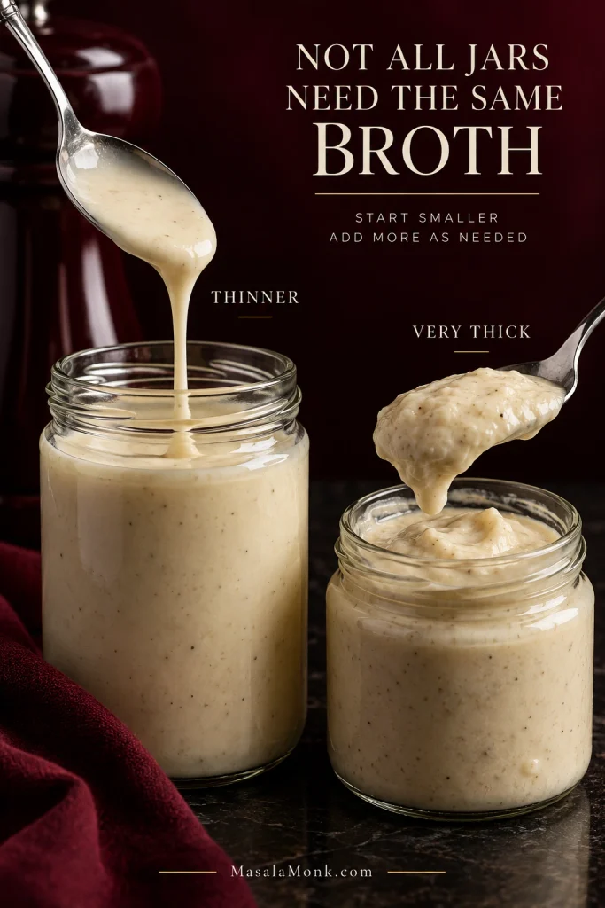 Two unbranded jars of Alfredo sauce shown with spoons: one sauce pours in a ribbon and is labeled “Thinner,” while the other holds a mound and is labeled “Very Thick.”