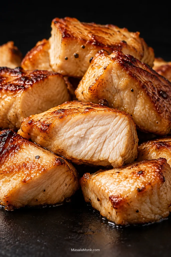 Close-up of browned hibachi chicken breast pieces, including one cut open to show a moist pale interior with visible cooked meat fibers.