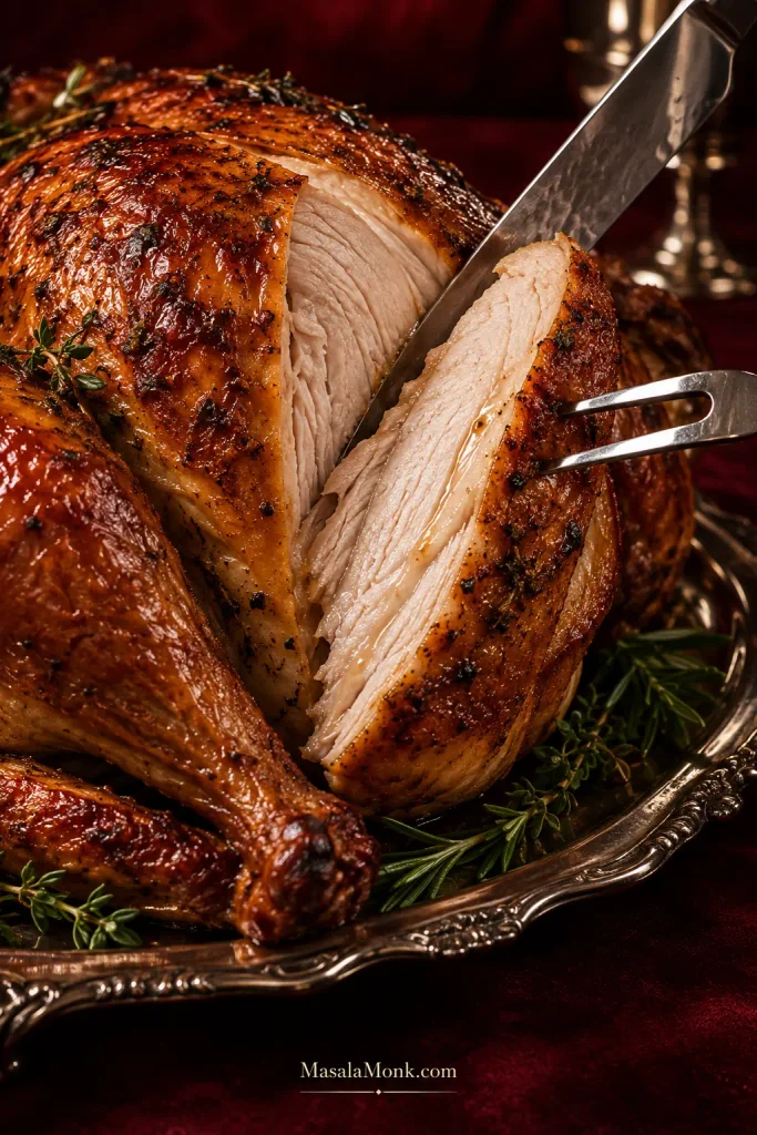 Close-up of a thick slice being carved from a roasted turkey breast, showing moist pale meat beneath deeply browned skin with a carving knife and fork.