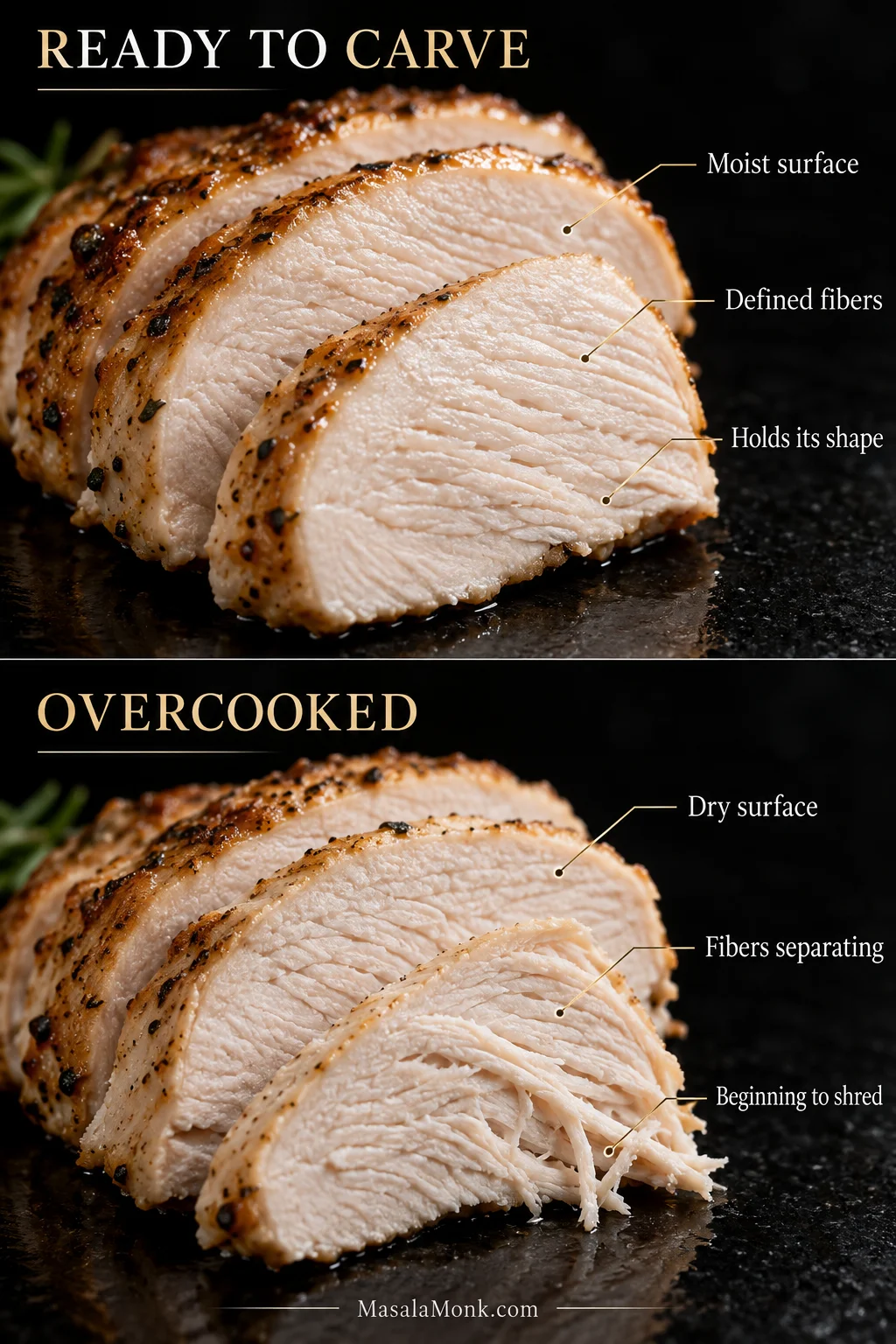 Comparison of moist turkey slices holding their shape and drier turkey with fibers separating and beginning to shred.