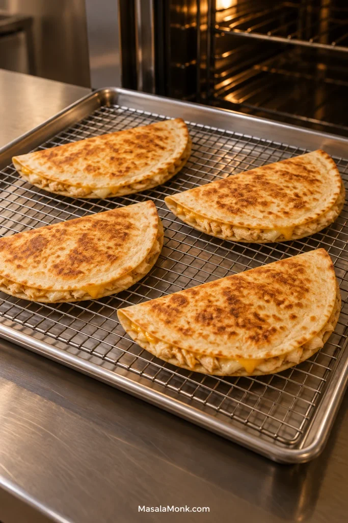 Four golden folded chicken quesadillas arranged separately in a single layer on a wire rack set over a metal baking tray near an oven.