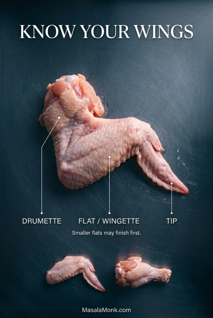 Raw whole chicken wing labeled drumette, flat or wingette, and tip, with separate flat and drumette pieces below showing their different shapes and sizes.