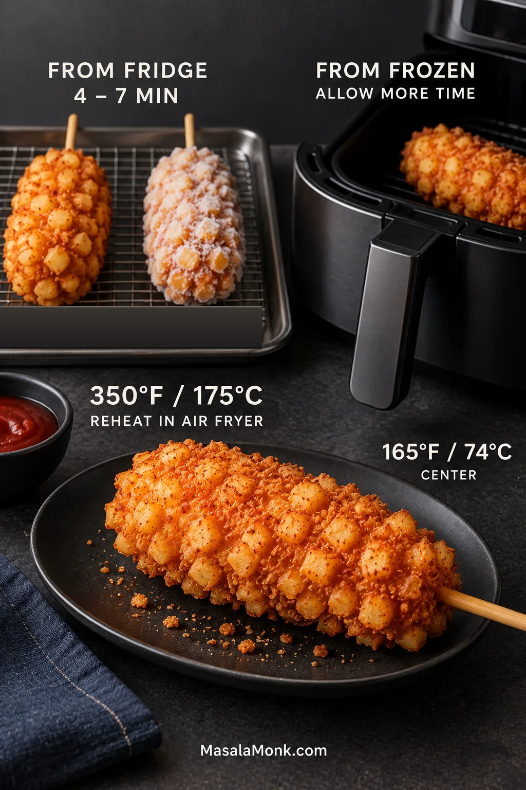 A cooked corn dog in an open air fryer beside refrigerated and frozen examples, with a crisp reheated potato-coated corn dog in the foreground.