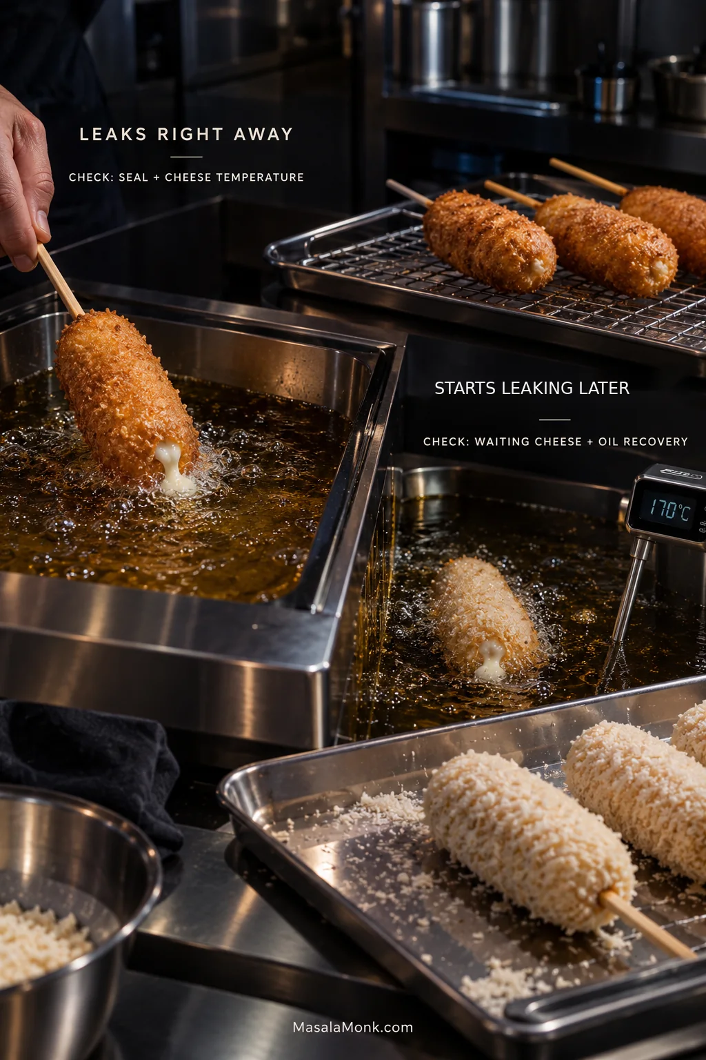 Two frying scenes showing mozzarella leaking from a Korean corn dog immediately and after later batches, with finished corn dogs, waiting skewers, and an oil thermometer nearby.