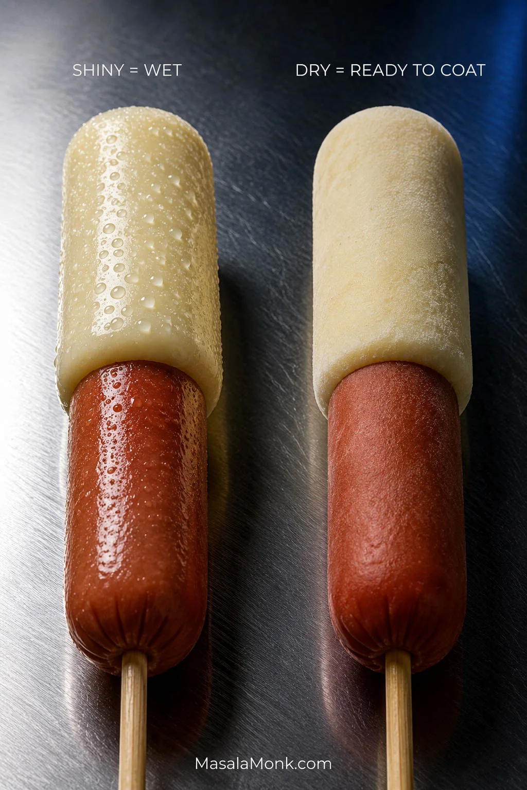 Two sausage-and-mozzarella skewers side by side, one shiny with visible condensation and the other dry and matte before coating.