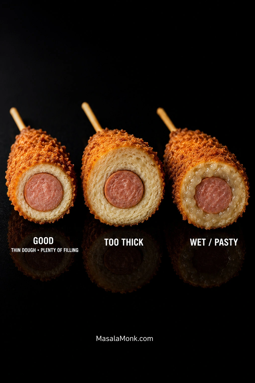 Three Korean corn dog cross-sections showing a thin cooked dough layer, an overly thick bread layer, and a browned crust with wet dough inside.