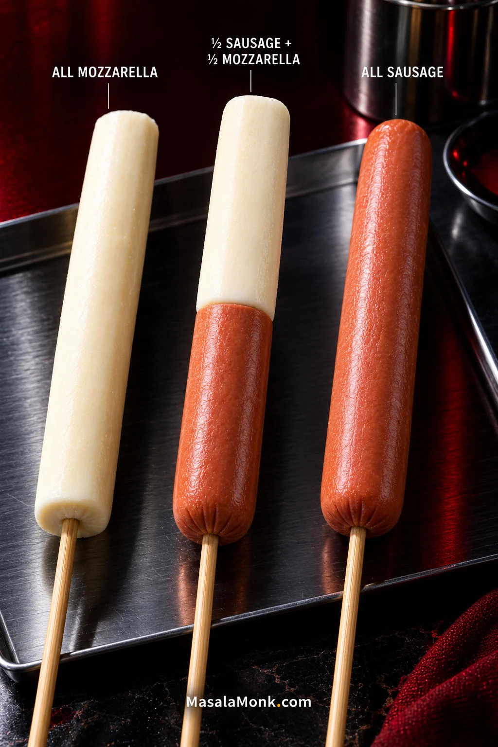 Three uncooked Korean corn dog skewers showing all mozzarella, half sausage and half mozzarella, and all sausage filling options on a metal tray.