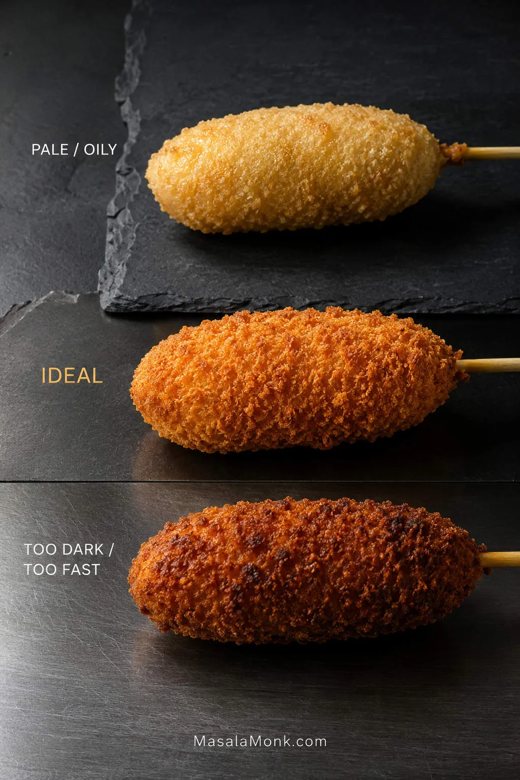 Three fried Korean corn dogs with pale blond, deep golden, and dark brown panko crusts for comparison.