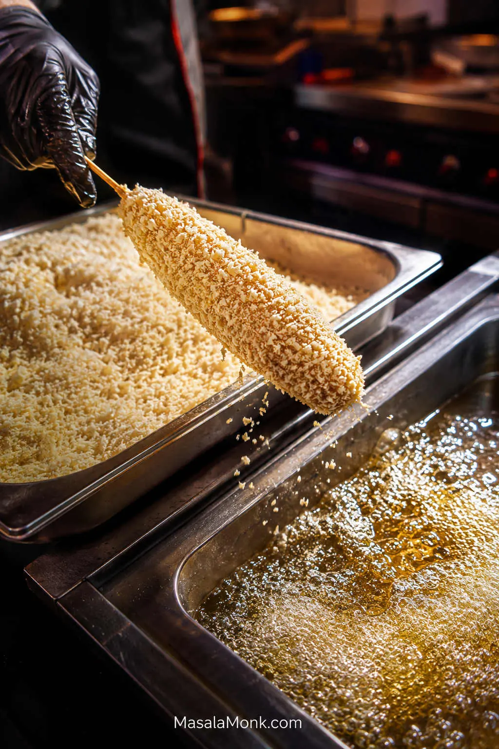 Panko-coated Korean corn dog lifted from breadcrumbs beside a pot of bubbling frying oil, ready to fry.