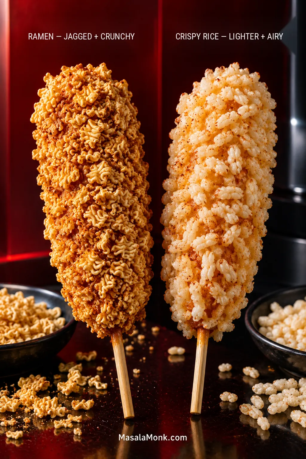 Two Korean corn dogs side by side, one coated with jagged crushed dry ramen pieces and the other with pale puffed crispy rice.
