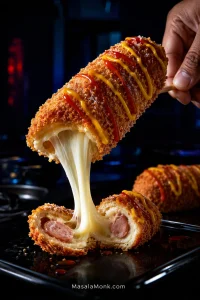Golden panko-coated Korean corn dog on a wooden skewer with ketchup and mustard, beside a cut corn dog with sausage, melted mozzarella and a crisp breadcrumb shell.