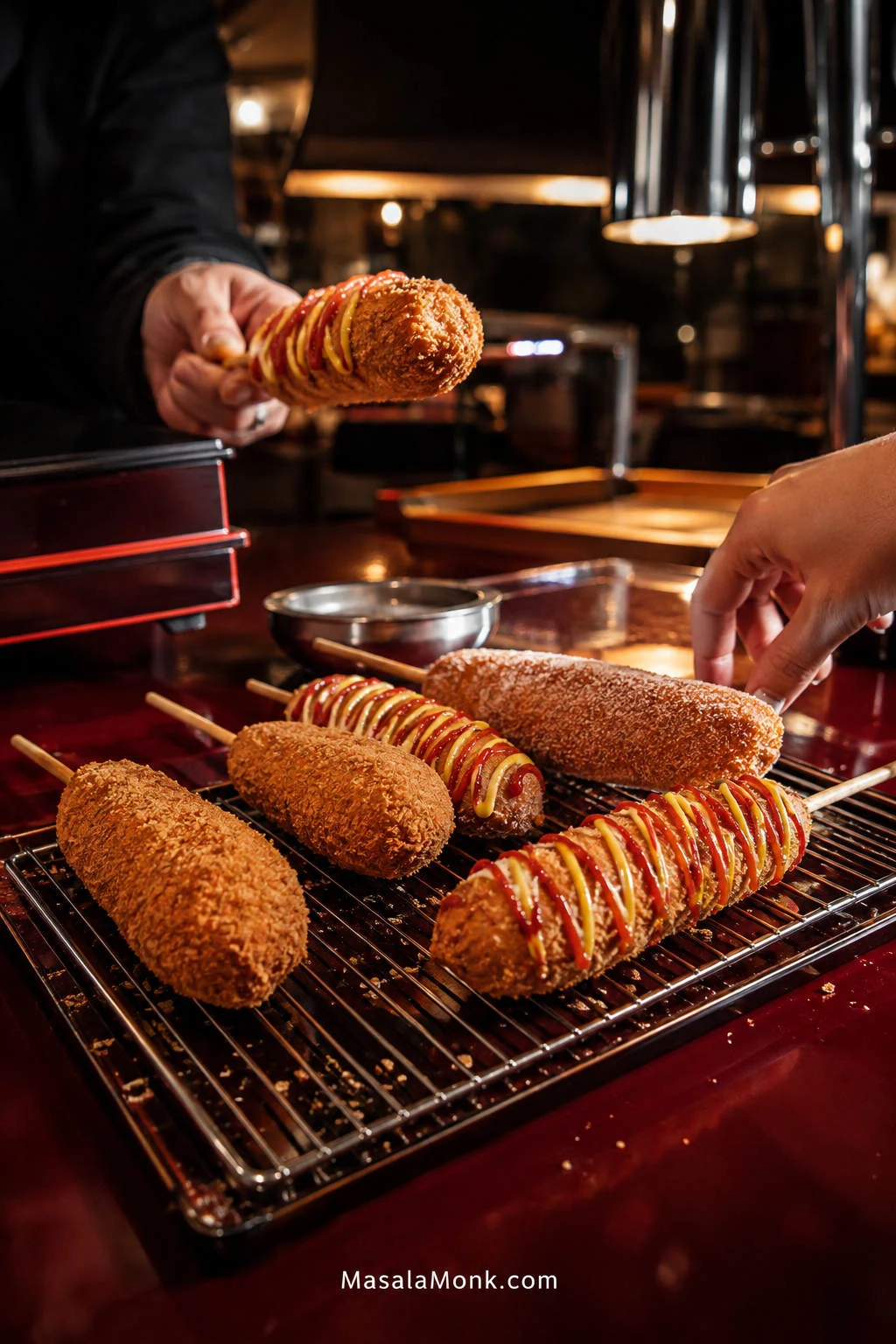 Several freshly fried Korean corn dogs on a wire rack, some drizzled with ketchup and mustard, while hands reach toward the batch.