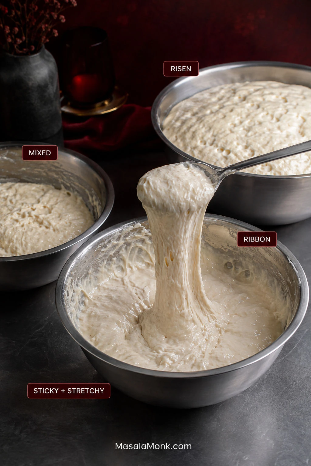 Three metal bowls showing Korean corn dog yeast dough freshly mixed, stretching in a thick ribbon, and risen with visible bubbles.
