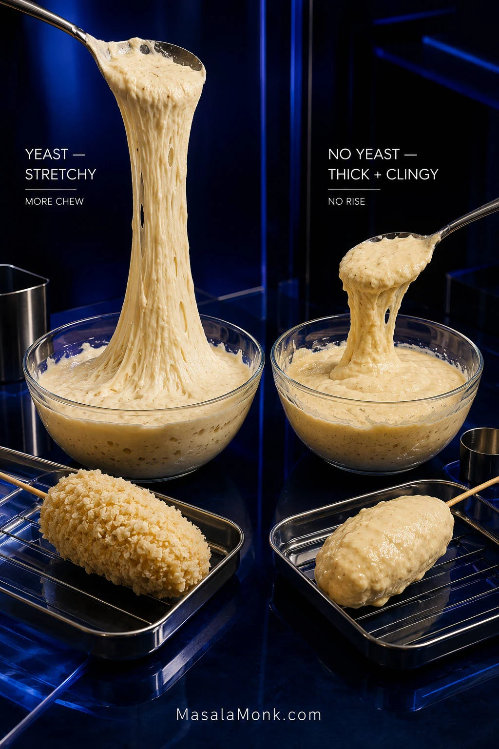 Two bowls comparing stretchy bubbly yeast dough and a thicker smooth no-yeast batter for Korean corn dogs.