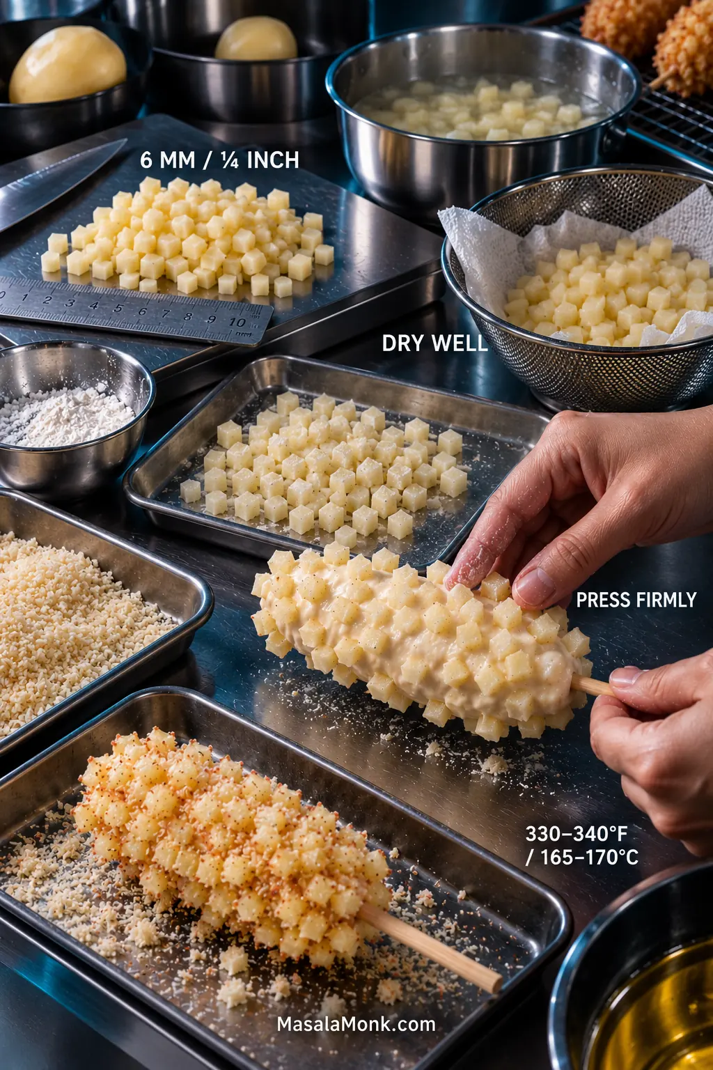 Small diced potato cubes beside a ruler, blanched potatoes drying on paper, lightly dusted cubes, and hands pressing them onto a dough-covered skewer.