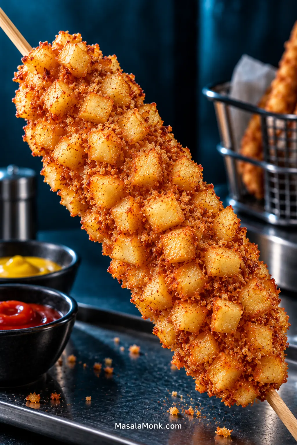 Golden Korean potato corn dog on a wooden skewer covered with small crisp potato cubes and panko against a dark restaurant-style background.