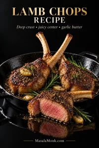 Garlic-herb lamb rib chops with dark browned crusts in a black skillet; one chop is cut open to show a warm pink center, with garlic, rosemary and pan juices around the meat.