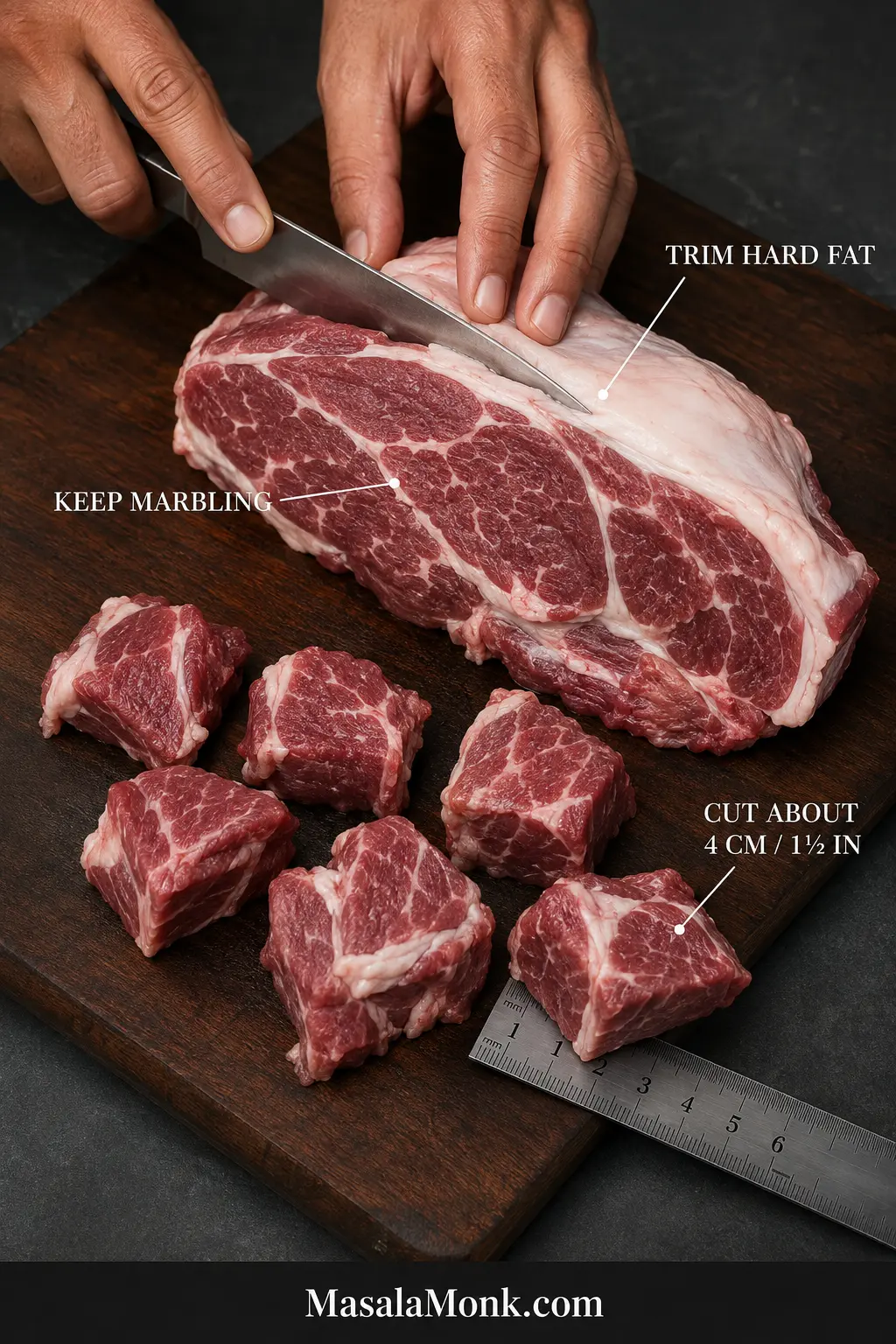 Raw lamb shoulder being trimmed, with labels showing hard exterior fat to remove, marbling to keep and pieces cut to about 4 cm or 1½ inches.
