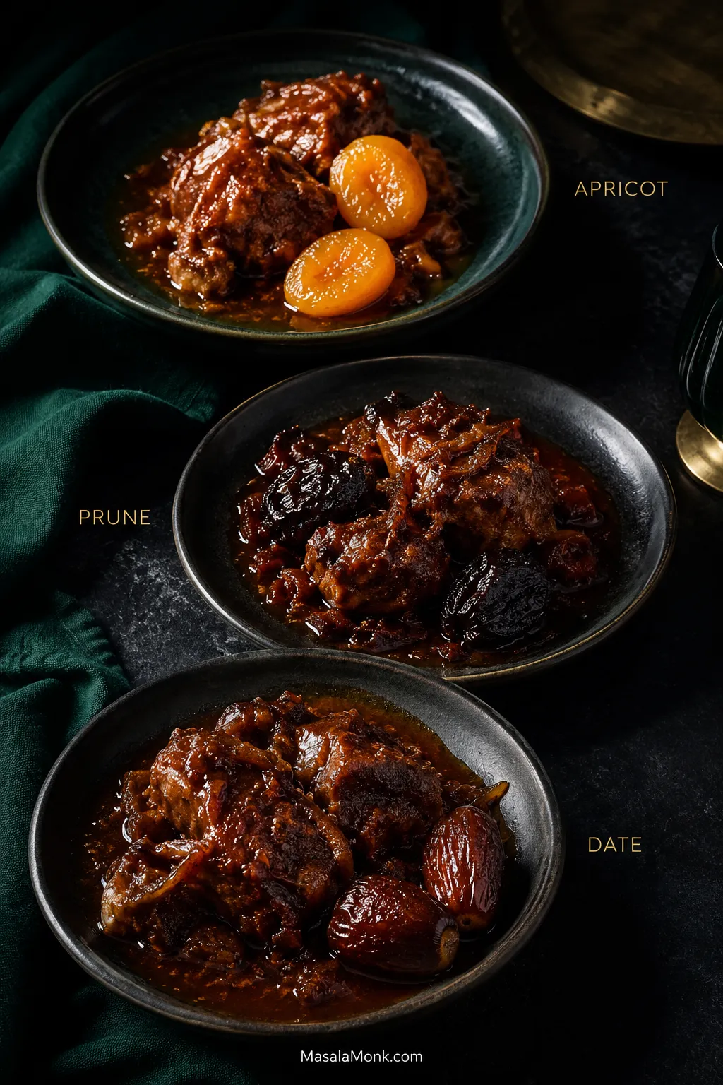 Three finished lamb tagine portions made with apricots, prunes and dates, showing lighter amber, dark jammy and deep caramel fruit variations.