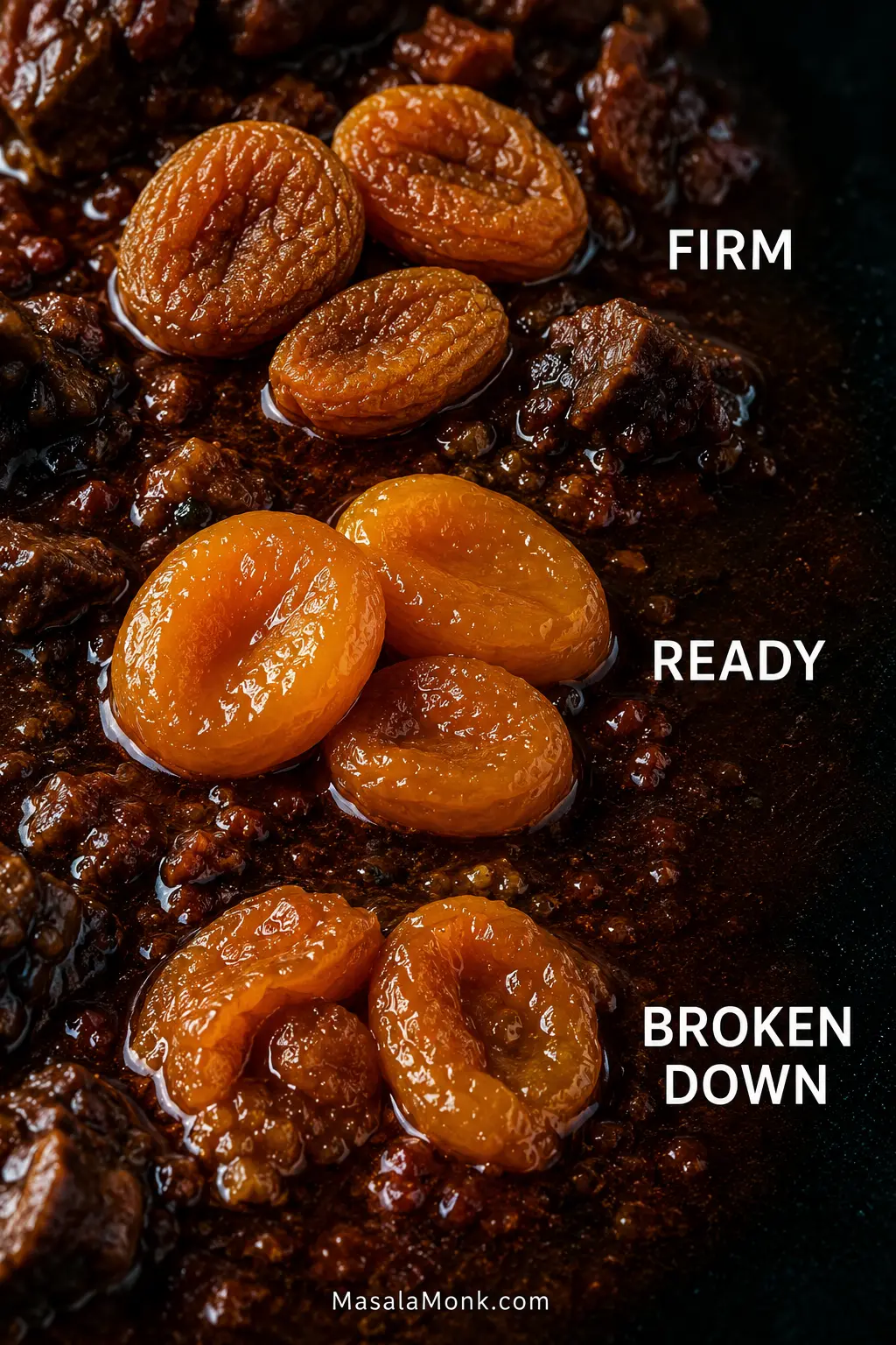 Dried apricots shown at three stages in dark sauce: firm and wrinkled, plump and ready, and partly broken down.