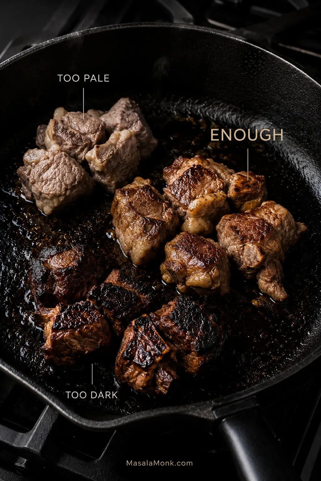 Three lamb pieces in a dark pan labeled too pale, enough and too dark, showing different levels of browning before braising.