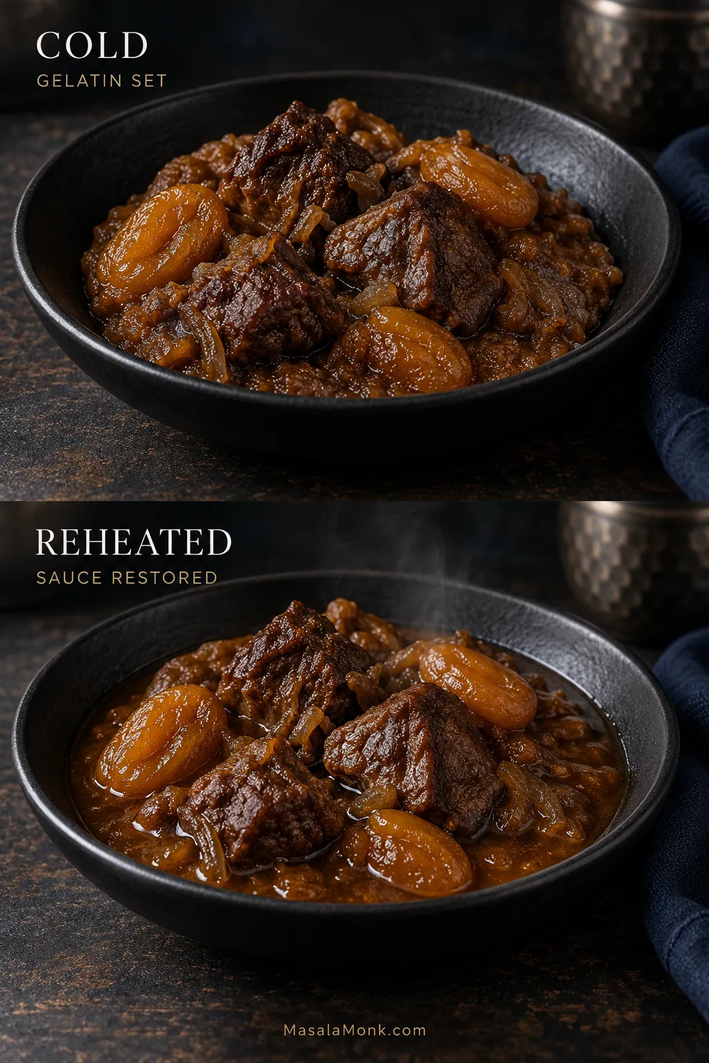 Same bowl of lamb and apricot tagine shown cold with thick set sauce and reheated with looser glossy sauce and visible steam.