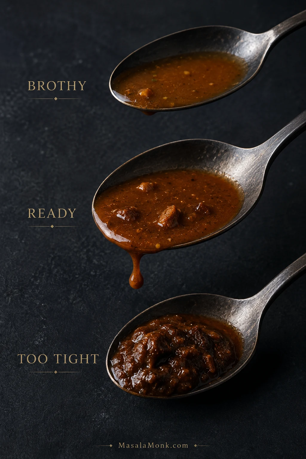 Three spoonfuls of tagine sauce labeled brothy, ready and too tight, showing progressively thicker sauce textures.