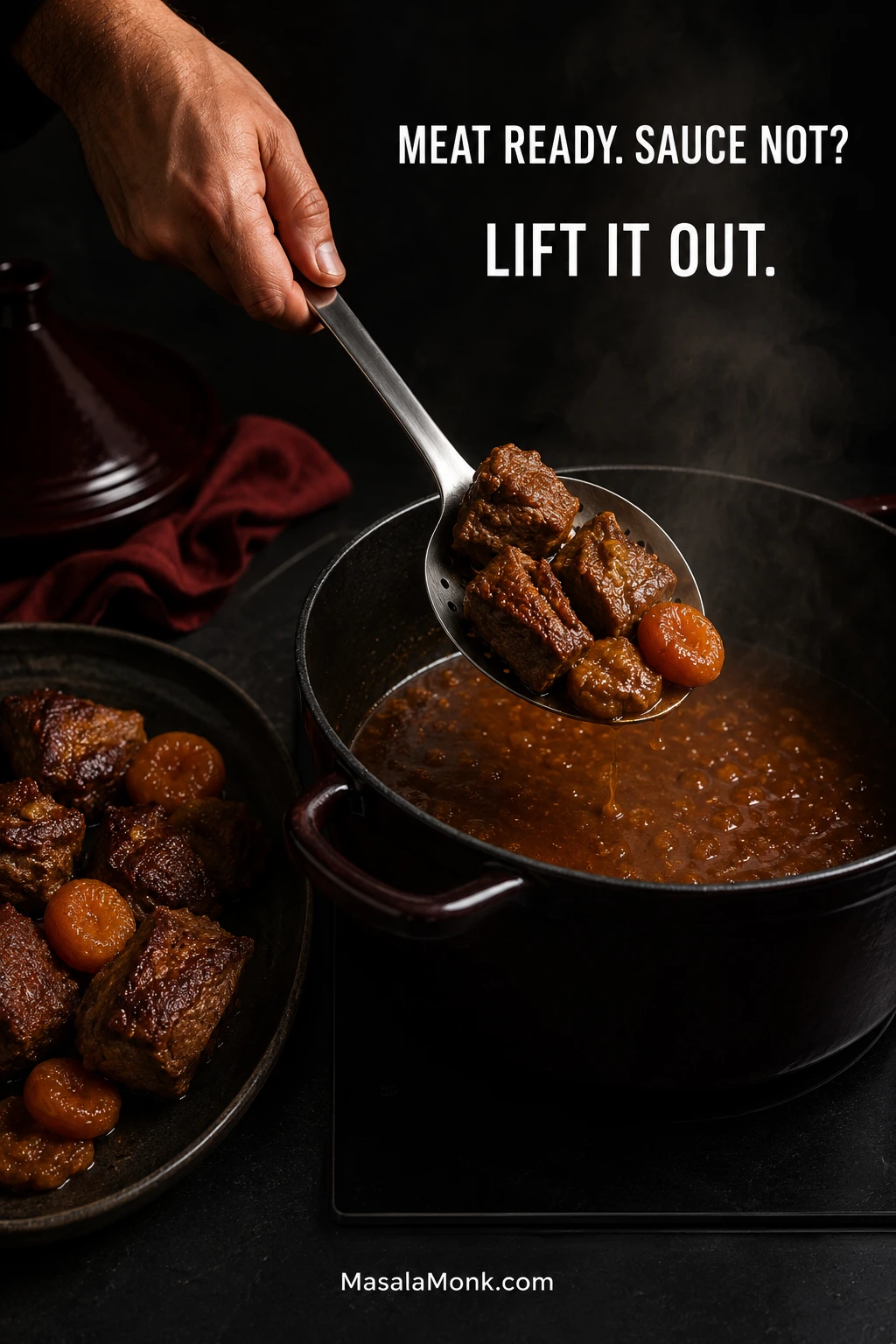 Hand lifting tender lamb and softened apricots from a Dutch oven with a slotted spoon while loose brown sauce continues simmering in the pot.