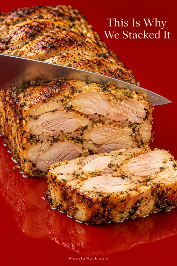 Cross-section of cooked chicken gyro meat showing several irregular whole-thigh layers and visible natural muscle grain.