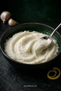 Bowl of pale, fluffy Lebanese toum with soft ridges and a spoon sweep, photographed on a dark stone surface against a deep green background.