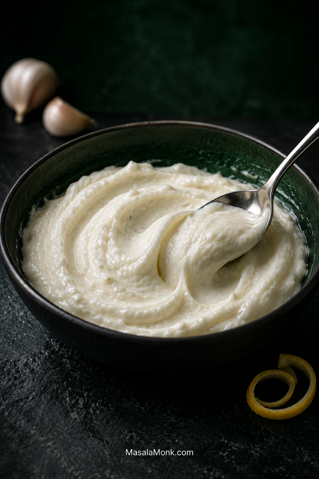 Bowl of pale, fluffy Lebanese toum with soft ridges and a spoon sweep, photographed on a dark stone surface against a deep green background.