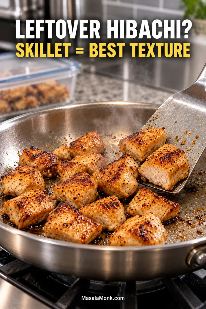 Leftover browned hibachi chicken pieces being gently reheated and turned with a metal spatula in a stainless skillet, with a storage container blurred behind them.