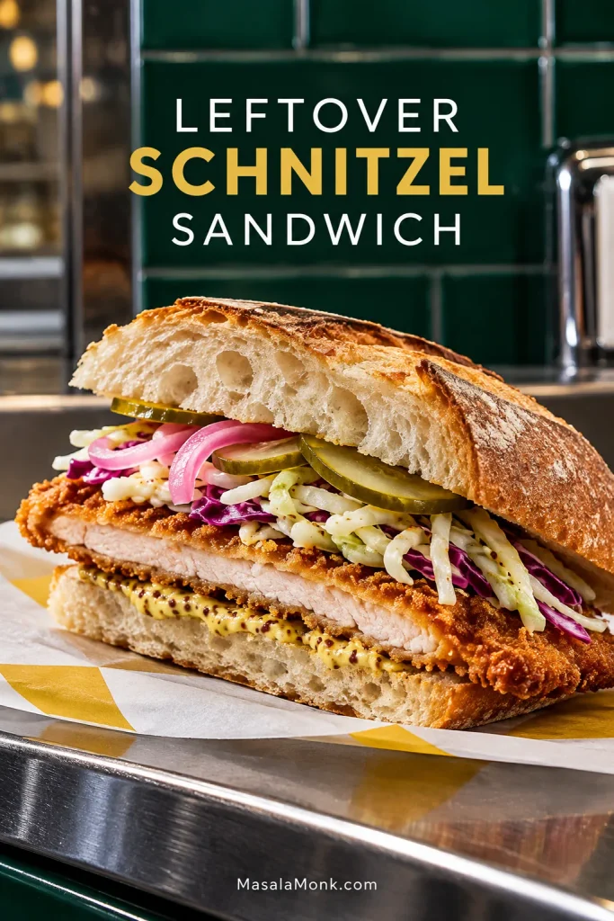 Cut leftover pork schnitzel sandwich on crusty bread with mustard, crisp slaw and pickled vegetables in a dark green, chrome-accented deli setting.