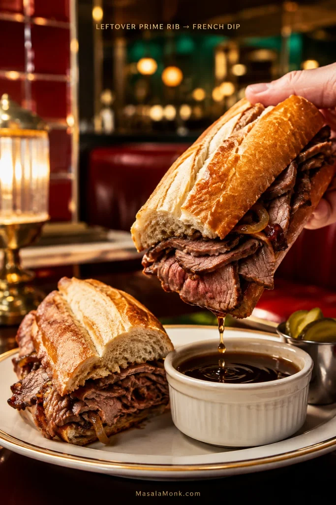 Leftover prime rib French dip with thin beef and caramelized onions in a crusty roll, held over a cup of au jus with a drop of jus falling from the sandwich.