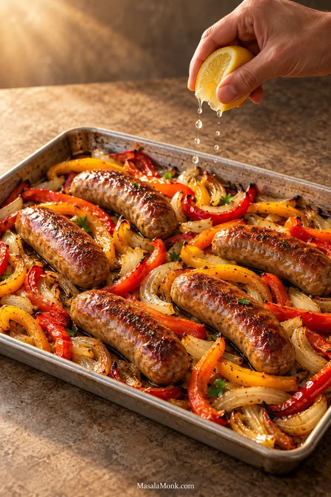 A hand squeezing a lemon wedge over browned Italian sausage, roasted red, orange and yellow peppers and golden onions on a sheet pan.